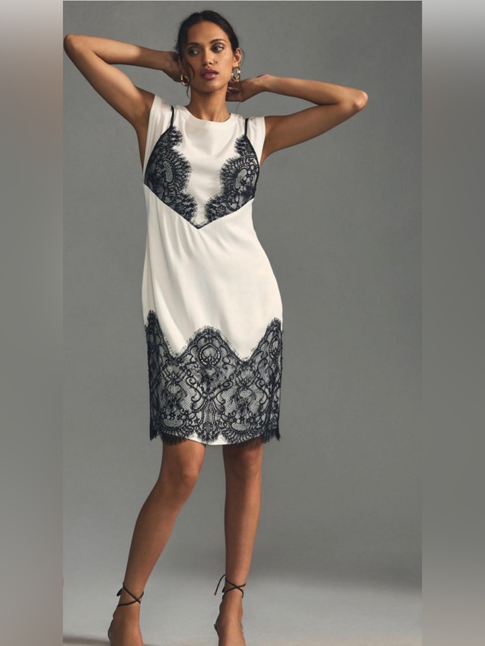 Anthropologie White Chemise with Black Lace Insets